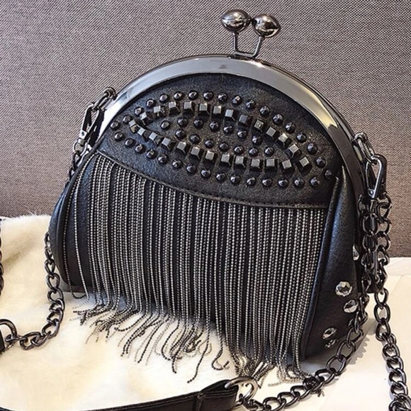 Handbags - NWT Beautiful Black Studded & Fringe Decor Kiss Lock Crossbody Bag
